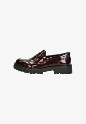 Burgundy patent leather loafers with a rounded toe, featuring a decorative strap, thick black rubber sole, and textured surface.