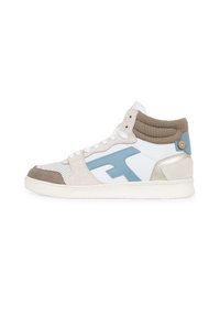 High-top sneaker in white, light blue, and beige. Features textured fabric ankle collar, perforated toe, and logo accent. Rubber sole.