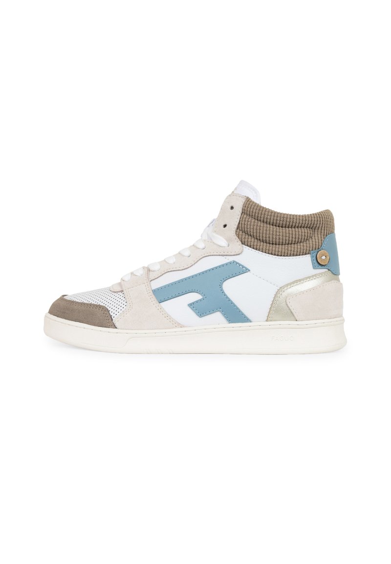 High-top sneaker in white, light blue, and beige. Features textured fabric ankle collar, perforated toe, and logo accent. Rubber sole.