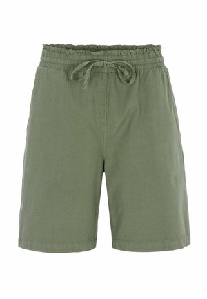 Olive green casual shorts with an elastic waistband and a front drawstring tie, made from lightweight fabric.