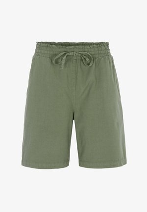 Shorts décontractés vert olive avec une ceinture élastique et un cordon de serrage à l'avant, fabriqués en tissu léger.
