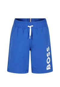 Pantaloncini da nuoto blu con vita elastica e coulisse bianca. Logo 'BOSS' in bianco ben visibile sulla gamba sinistra. Tessuto liscio e leggero.