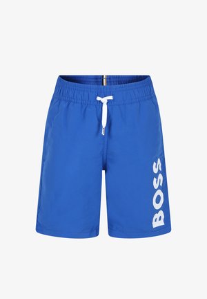Pantaloncini da nuoto blu con vita elastica e coulisse bianca. Logo 'BOSS' in bianco ben visibile sulla gamba sinistra. Tessuto liscio e leggero.