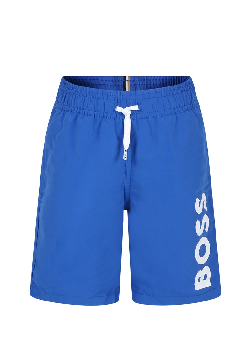 Pantaloncini da nuoto blu con vita elastica e coulisse bianca. Logo 'BOSS' in bianco ben visibile sulla gamba sinistra. Tessuto liscio e leggero.