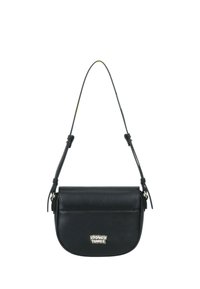 Borsa a tracolla nera con forma arrotondata, materiale sintetico liscio, patta pieghevole e logo dorato "Looney Tunes" sul davanti.