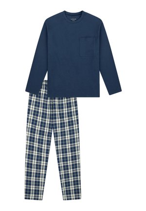 Marineblaues Langarmhemd mit Brusttasche kombiniert mit blau-weiß karierten Pyjamahosen.