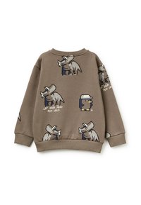 Sudadera marrón con arte de píxeles de un rinoceronte y un pequeño pájaro. Texto "DEJA QUE TU MENTE VUELE LIBRE" en blanco. Puños y cuello de canalé.