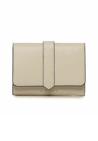 Beige leren portemonnee met een klep, contrasterende zwarte stiksels en een geperst "MIRIADE" logo aan de voorkant. Gladde textuur.