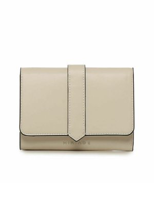Beige leather wallet with a fold-over flap, contrasting black stitching, and embossed "MIRIADE" logo on the front. Smooth texture.