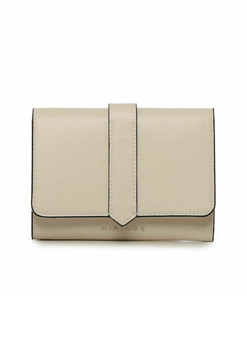 Beige leren portemonnee met een klep, contrasterende zwarte stiksels en een geperst "MIRIADE" logo aan de voorkant. Gladde textuur.