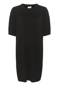 Abito nero a maniche corte con scollatura rotonda, caratterizzato da una texture liscia e maniche leggermente a sbuffo, progettato per una vestibilità ampia.