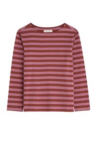 Rood en roze gestreepte T-shirt met lange mouwen, gemaakt van zachte katoen, met een ronde halslijn en een rechte zoom. Geen zichtbare patronen of hardware.