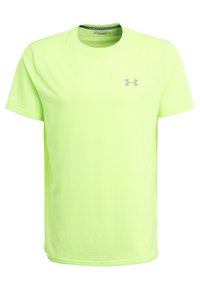 Camiseta de manga corta de un brillante color amarillo neón con cuello redondo y un pequeño logo gris en el lado izquierdo del pecho. Fabricada con un tejido ligero y transpirable.