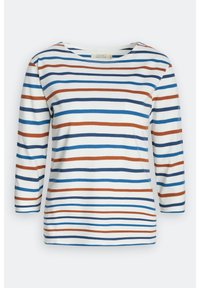 Gestreepte langemouwen top van biologisch katoen, met horizontale strepen in blauw, roest en marineblauw op een witte achtergrond; ronde hals.