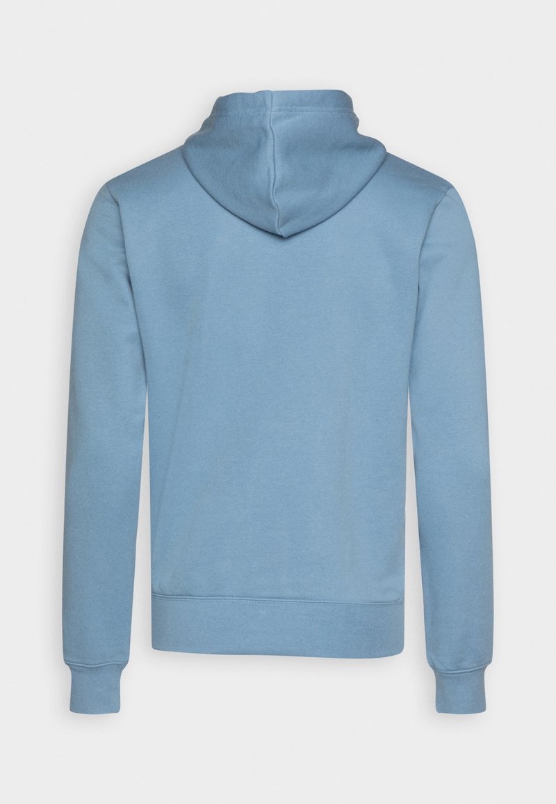 Blaues Hoodie aus weichem Stoff, mit einer zentralen Naht auf der Rückseite, verstellbarem Kordelzugskapuze und gerippten Bündchen und Saum.