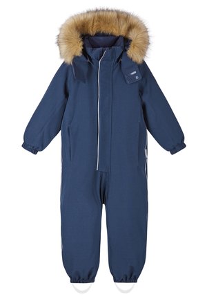 Navyblauer einteiliger Schneeanzug aus strapazierfähigem Stoff, mit einer gefütterten Kapuze aus Kunstfell, weißen Reißverschlüssen und elastischen Bündchen für Wärme.