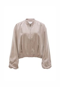 Metalen beige bomberjack met lange mouwen, geribbelde manchetten en een ritssluiting aan de voorkant. Gladde textuur met een iets verkorte snit.