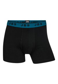 Zwarte boxershorts van een zachte stof met een turquoise elastische tailleband waarop de tekst "JBS" in het zwart staat. Inclusief een ondersteunende voorkant.