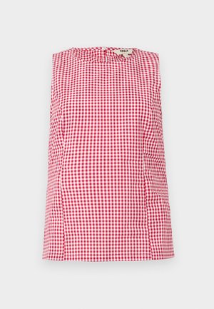 Rød og hvit sjakkmønstret ermeløs topp med rund hals og subtile plisseringer ved skuldrene. Knappelukking bak.