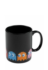 Mug in ceramica nera con una finitura lucida, decorato con personaggi fantasmi pixelati in rosso, blu, arancione e rosa lungo il fondo.