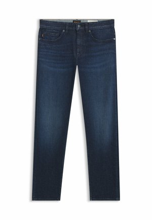 Dunkelblaue Jeans aus Denim mit geradem Schnitt, ausgestattet mit vorderen Taschen, Knopfverschluss und dezentem Verblassen an den Oberschenkeln.