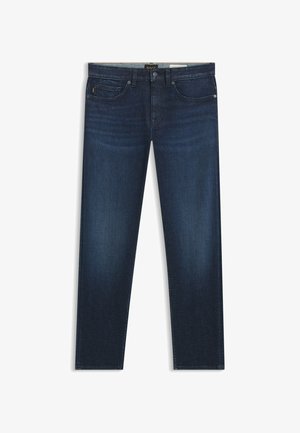 Donkerblauwe denim jeans met een rechte pasvorm, voorzien van steekzakken aan de voorkant, een knoopsluiting en subtiele vervaging op de dijen.