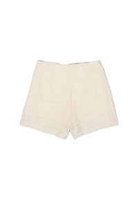 Shorts tissés de couleur beige clair avec un motif texturé et des jambes larges. Dotés d'une taille haute et sans fermetures ni poches visibles.