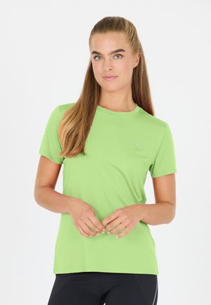 Short-sleeve athletic shirt in bright green, made of lightweight fabric, featuring a round neckline and subtle logo detail on the front.