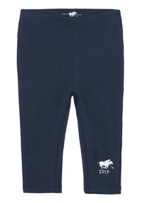 Navy blue leggings made of cotton with a smooth texture. Features an embroidered white logo of a horse on the lower left side.