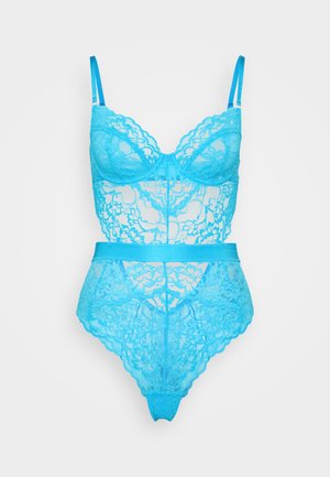 Kanten bodysuit in helderblauw met een bloemenpatroon, verstelbare schouderbanden en een aansluitende taille. Gemaakt van doorschijnend kantmateriaal.