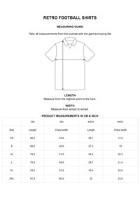Witte retro voetbalshirt met een kraag. De maattabel bevat afmetingen in cm en inches voor verschillende maten.