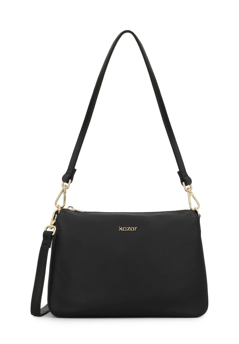 Borsa a spalla nera in pelle con finitura testurizzata, accessori in oro e tracolla removibile. Presenta logo impresso sul davanti.