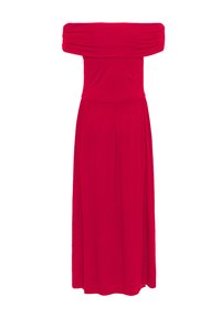 Robe maxi rouge à épaules dénudées en tissu doux, avec un corsage ajusté et une jupe fluide. Texture lisse, avec des détails froncés en haut.