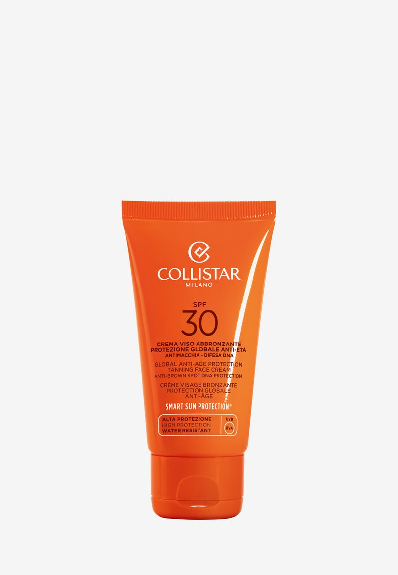 Collistar Bräunungs-Gesichtscreme Tube, 50 ml, leuchtendes Orange mit Etiketttext, enthält LSF 30, wasserfest, altersvorbeugende Formel.