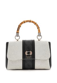 Sac à main noir et blanc avec un tissu texturé, une poignée en bambou, des accessoires en métal argenté et un accent logo central. Forme rectangulaire avec une fermeture à rabat.