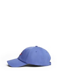 Gorra de un azul claro, hecha de algodón, con visera curva. Presenta un logo bordado en la parte frontal y una correa ajustable en la parte posterior.
