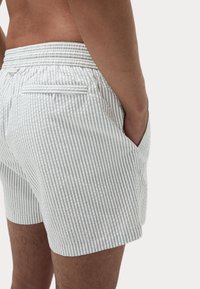 Pantaloni corti a righe in grigio chiaro e bianco, dotati di una cintura elastica, tasche laterali e una tasca sul retro con una cerniera bianca.