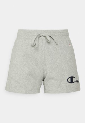 Lysegrå atletiske shorts med snøre foran, elastisk taljebånd og sort Champion-logo på venstre nederste ben.