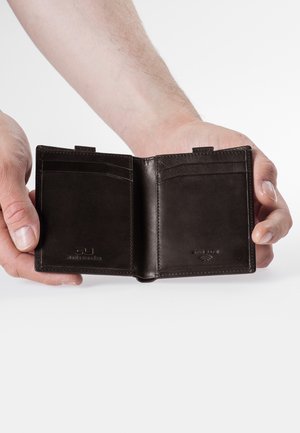 Black leather wallet with multiple card slots, stitched edges, and embossed branding. Opened in hands, showcasing smooth texture and design.