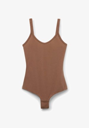 Bruine bodysuit met een V-hals, dunne bandjes en een gladde textuur. Heeft drukknoopsluitingen aan de onderkant voor gemak.