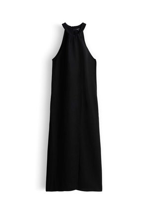 Schwarzes ärmelloses Midi-Kleid mit Neckholder, hohem Ausschnitt und geradem Schnitt.
