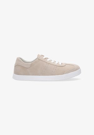 Beige suede sneaker with white rubber sole, rounded toe, and flat lace-up design. Perforated accents on the side for ventilation.