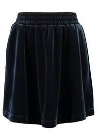 Svart sammetkjol med elastisk midja, med veck för volym. Tyget har en mjuk, slät yta och en lätt glans.