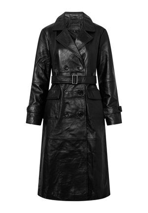 Schwarzer langer Leder-Trenchcoat mit doppelt knöpfbarem Verschluss, breitem Kragen, tailliertem Gürtel, Klappentaschen und Bündchen mit Riemen.