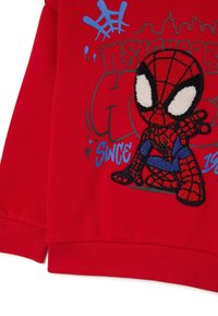 Rode sweatshirt met een geborduurd Spiderman-ontwerp, voorzien van zwart-witte accenten, blauwe spuitverfgraphics en geribde manchetten.