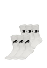 White ankle socks with ribbed tops, featuring a black "Starter" logo on the front. Pack of six pairs, cotton-rich blend for comfort.