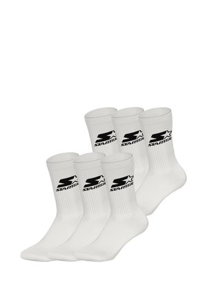 Weiße Knöchelsocken mit geripptem Bund und einem schwarzen "Starter"-Logo auf der Vorderseite. Im Paket sind sechs Paar enthalten, aus einer baumwollreichen Mischung für zusätzlichen Komfort.