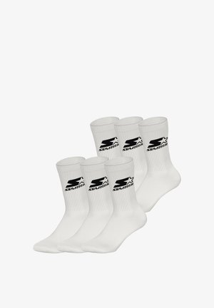 Weiße Knöchelsocken mit geripptem Bund und einem schwarzen "Starter"-Logo auf der Vorderseite. Im Paket sind sechs Paar enthalten, aus einer baumwollreichen Mischung für zusätzlichen Komfort.