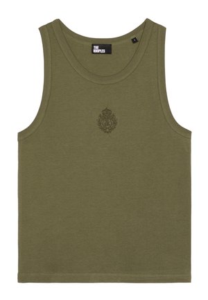 Olijfgroen mouwloos tanktop met ronde hals en geborduurd embleem gecentreerd onder de halslijn.