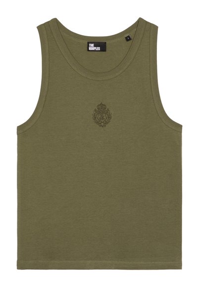 Olijfgroen mouwloos tanktop met ronde hals en geborduurd embleem gecentreerd onder de halslijn.